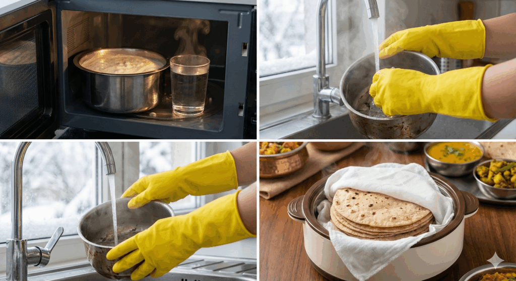 Idli batter vessel inside microwave with hot water glass for winter fermentation hack