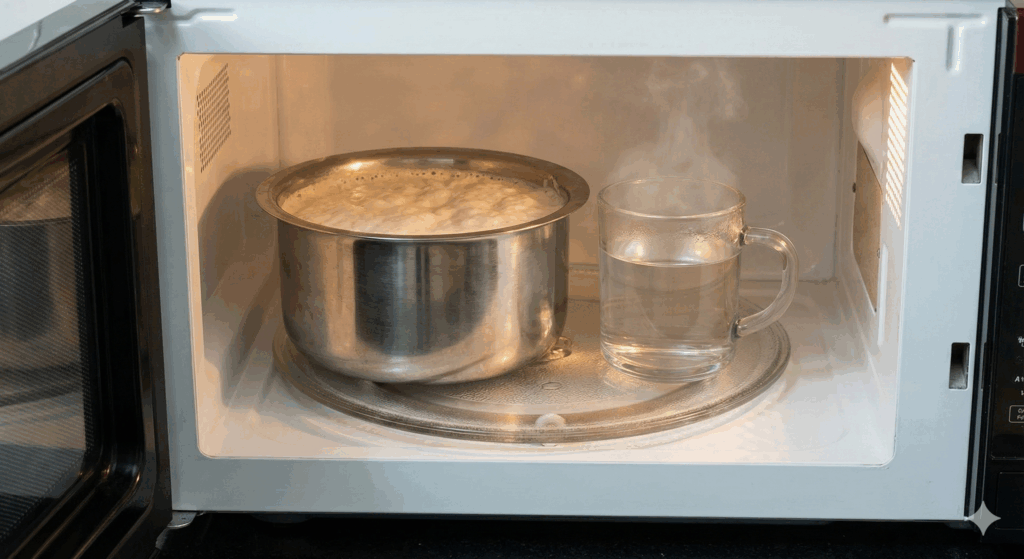 Idli batter vessel inside microwave