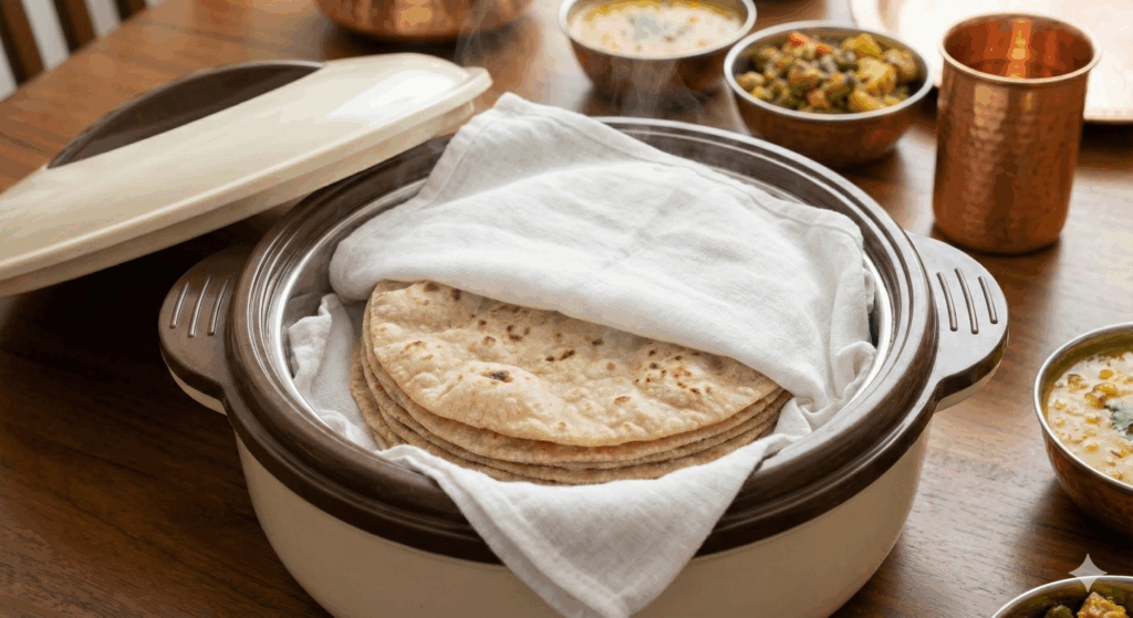 Soft hot rotis stacked in an insulated casserole covered with a cloth napkin winter hack